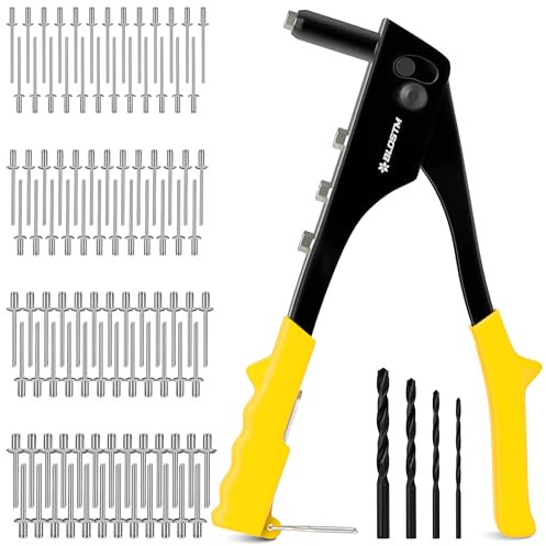 BLOSTM Pop Rivet Gun Kit - 100 PCS Pop Rivets in 4 Sizes (2.4mm 3.2mm 4mm 4.8mm) Pop Riveter Gun, 4 Rivet Nosepieces, 4 Drill Bits - Hand Riveter for Metal, Plastic, Auto Repairs, Furniture (Yellow)