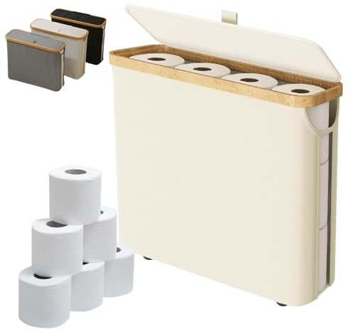Toilet Paper Storage Basket,Toilet Roll Storage Basket with Lid,Bamboo Toilet Roll Basket Holder Organiser,Toilet Roll Storage Box,Free Standing Toilet Paper Container with Storage(Beige)