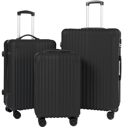 ABISTAB Koffer Set 3-teilig, Hartschalen Hartschalen Reisekoffer, Koffer & Trolleys mit 4 Rollen & Zahlenschloss, Handgepäck Koffer, Schwarz