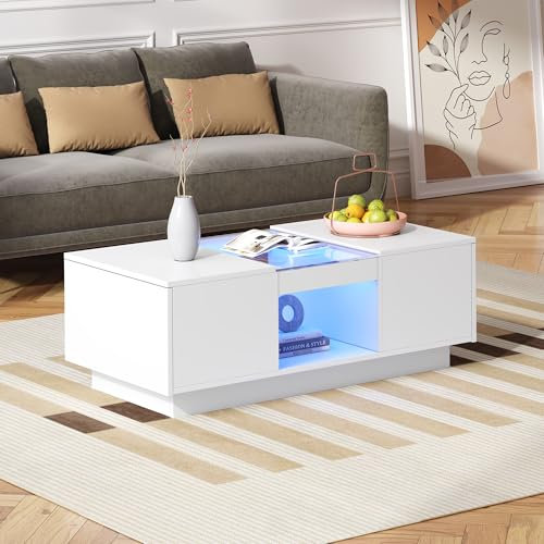 Merax Moderner Wohnzimmertisch Weißer Couchtisch 100x50x35,5 cm – Glasverkleidung, LED-Beleuchtung mit App-Steuerung, 2 Schubladen & offenes Fach, Modernes Design