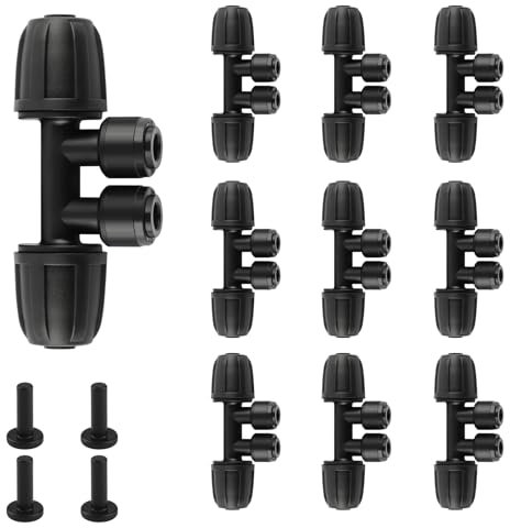 Kalolary 10 pièces Raccord en T à embouts barbelés 5/16'' vers 1/4'', Connecteurs rapides d'irrigation goutte à goutte avec système anti-fuites et répartiteur 4 voies avec 4 bouchons