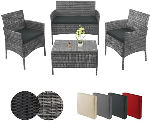BB Sport Poly Rattan Sitzgruppe 4 Personen Tisch 2 Stühle Sitzbank 5cm Dicke Sitzpolster Balkonmöbel Set Sitzgarnitur Balkon Terrasse Garten Outdoor, Farbe:Grau-meliert/Nachtschwärmergrau
