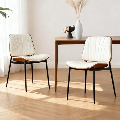 Ya-Home Chaise de Salle à Manger en Cuir PU Lot de 2, Blanc | Chaise de Cuisine avec Pieds en Métal, Chaise Rembourrée Scandinave sans Accoudoirs, pour Cuisine/Salle à Manger/Restaurant