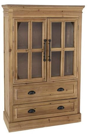 ROCKING GIFTS Vitrina de Madera Marrón con Puerta de Cristal y 2 Cajones, 130x84x35cm, Mueble Decorativo Expositor Rústico