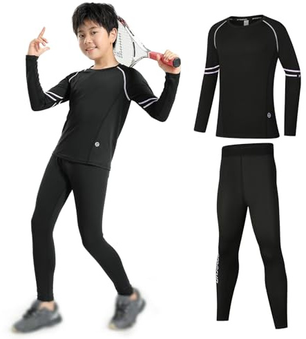 Zupora Unterzieh-Set für Kinder, Ski, Thermo-Fußballhaut, Kompressionsunterwäsche, athletisches Shirt, Strumpfhose, Top, Leggings, 4–11 Jahre, schwarz / grün, 4-5 Years