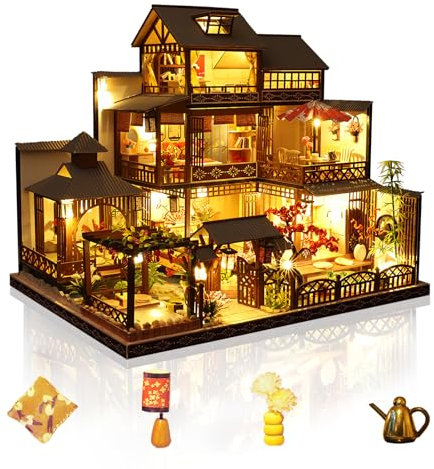 Cuteefun DIY Miniatur Puppenhaus Kit, Puppenhaus Holz Modellbausätze mit LED-Licht, für Erwachsene und Jugendliche, Bauen Sie Ihr eigenes Traumhaus Modell (Freizeit-Hof)