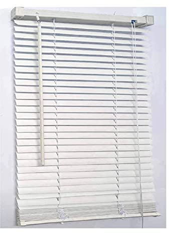 White Plain PVC venetian Blind - Width 114cm x Drop 150cm - 25mm Horizontal Slats - Easy Fit Trimmable fitting with Tilt control Wand Mechanism