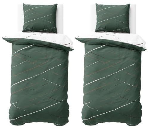 Visaggio 4 teilige Bettwäsche Set 135x200 cm Baumwolle Bettbezug Streifen Grün Wendebettwäsche Polycotton 4-Jahreszeiten