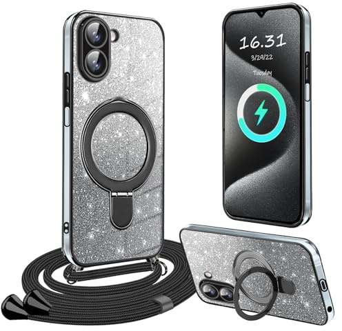 XCYYOO HandyHülle für Xiaomi Redmi A5 Hülle mit Band,[Mit Abnehmbarem Standfuß] Transparente Silikon Stoßfest Handykette Schutzhülle Ring Ständer Case mit Kette für Redmi A5