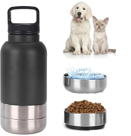3-in-1 Dog Water Bottle 32oz, Stainless Steel Insulated Puppy Water Bottle with Detachable Food Bowl and Water Bowl, Dog Food Travel Container (black, 32oz)