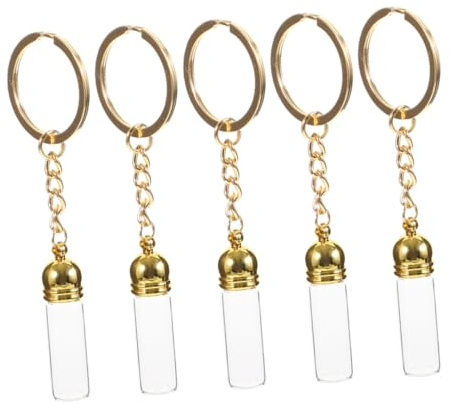 SAFIGLE Lot de 5 Porte-clés Mini Flacons de Parfum en Verre Transparent, Pendentifs Décoratifs Suspendus, Bouchon Doré, Grand Format, Accessoires Créatifs pour Bijoux et Loisirs Créatifs