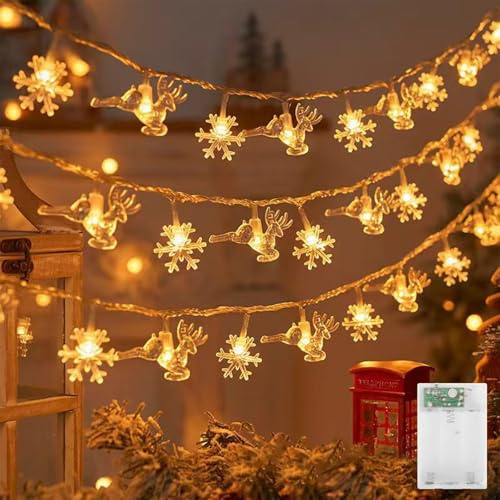 Koboko Weihnachts Lichterkette,3M 20 LED Schneeflocken Elk Lichterkette Batteriebetrieben,Warmweiß Weihnachtsdeko Lichterketten,Dekorative Lichter für Garten,Schlafzimmer,Hochzeit,Weihnachten,Neujahr