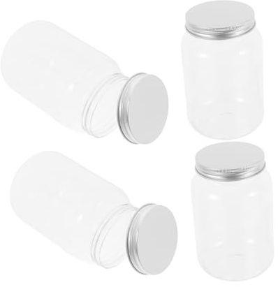 MOTHNUR 4pcs Clear Plastic Mason Jars with Airtight Aluminum Lids Refillable Containers for Dry Food Storage Candy Snacks Organizer for Kitchen and Household Use