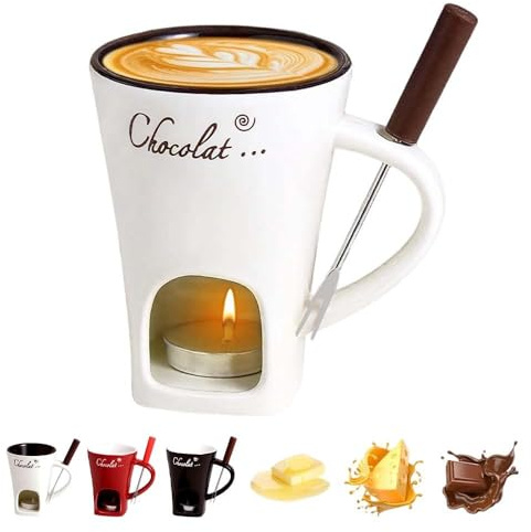 Schokofondue Tasse,Weihnachtstasse Fondue Tasse mit Gabel Schmelztopf für Weihnachtsplätzchen, Fondue Schokolade Mehrzweck Fondue Set für Käse, Butter und Karamell, Geschenke für Mama(White)