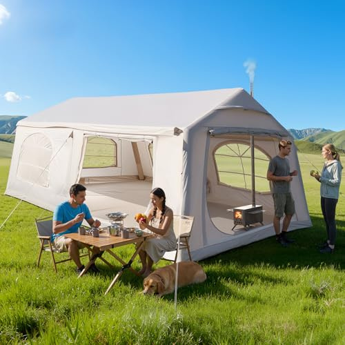 MOPHOTO Inflatable Tent for Camping, Waterproof & Pump for 4 to 12 Person | UPF 50+ coating, sets up in 5 minutes, 5/6 large mesh windows, integrated stove pipe opening
