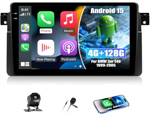 CAMECHO 4+128G Android 15 Navi Autoradio 9 Zoll für BMW 3er E46 1999-2005, E46 Radio Bluetooth mit GPS WiFi Wireless Carplay Android Auto RDS FM Mirror Link +Rückfahrkamera, Incell Touchscreen HD