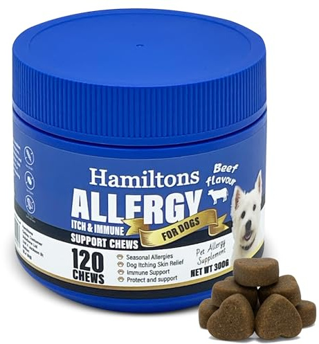 Hamiltons 120 Dog Treats Relief For Allergy & Itchy, Scratching & Licking | Probiotic Chew Supplement Supports & Soothes irritated Paws, Eyes, Ears, Coat,Helps Immune Function For All Dogs Beef Flavour