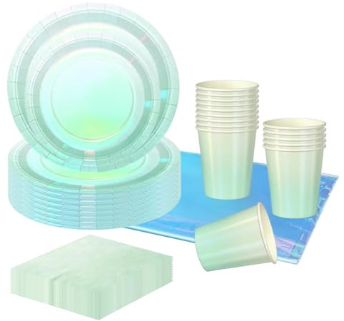 81pcs Holographic Laser Green Party Tableware Set,Shiny Laser Green Disposable Dinnerware Paper Plates Cups Napkins and Tablecloth for Birthday,Picnic,Baby Shower Party Supplies Table Decorations