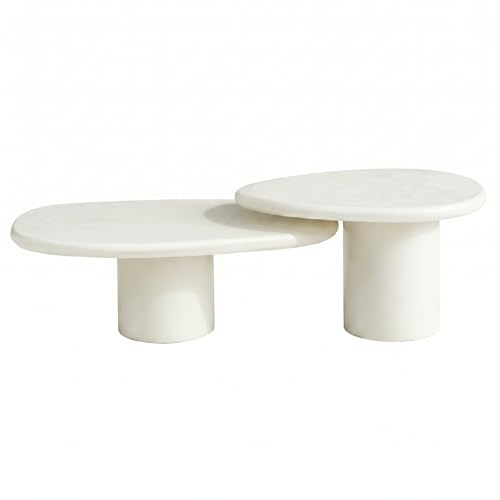 Cribel Set 2 Tavolini Round Effetto Cemento Panna, Design Scultoreo Minimal, Tavolini Sovrapponibili Salotto, Base Cilindrica, 105x60x35+80x60x45