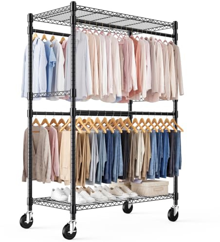 Himimi Kleiderständer Stabil, Kleiderständer auf Rollen mit 4 Kleiderstangen & höhenverstellbaren Ablagen, offener Kleiderschrank aus Metall für Schlafzimmer, Waschraum, Balkon, 114x52x203 cm, Schwarz