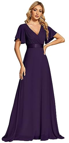 Ever-Pretty Abiti da Sera Donna Stile Impero Linea ad A Scollo a V Maniche Corte Lungo Viola Scuro 48