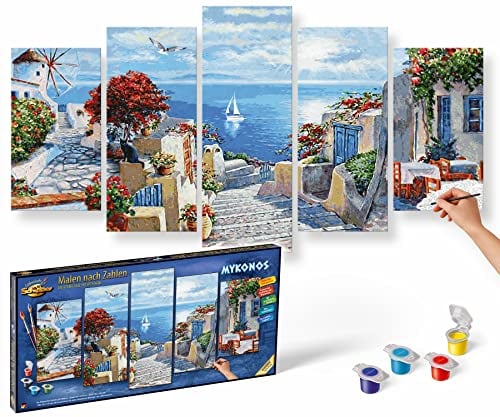 Schipper 609450797 Malen nach Zahlen - Mykonos - Bild malen für Erwachsene, inklusive Pinsel und Acrylfarben, 5 Bilder, Meisterklasse Polyptychon - Profi-Edition, 132 x 72 cm