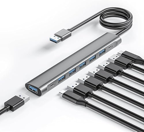 USB‑A 3.0 Hub 8‑in‑1 mit 6X USB‑A 3.0 Datenanschlüssen, USB‑C Datenport, separatem USB‑C Stromeingang (5V/3A), 120 cm Kabel – Plug & Play für Laptop/PC, kompatibel mit Windows/macOS/Linux.