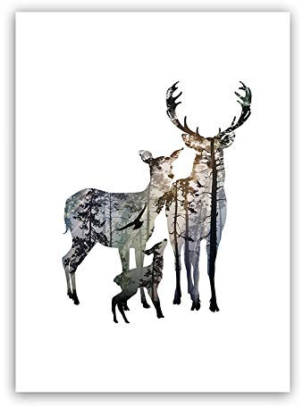 LaLe Living Hochwertiger Leinwanddruck mit Elch Familie als Motiv A4 21 x 30 cm (ohne Rahmen) - Kunstdruck Moderne Poster Print Leinwandbild Wandbild Leinwand Plakat Deko Bild DINA4