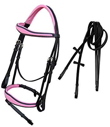 Exion Pink English Trense für Pferde | Anatomische Trense Nasenriemen & Stirnband Springende englische Trense mit Blitz | Royal English Trense