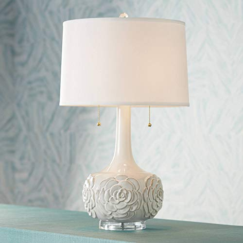 Possini Euro Design Natalia Modern 3-Way Table Lamp 27 Tall with Table Top Dimmer White Glaze Floral Ceramic Fabric Drum Shade for Bedroom Living Room House Home Bedside Nightstand Office Kids