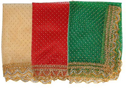 Set of 3 Decorative Chunari Cloth Indian Traditional Festival Puja Navratri Decorations Chunni Chunar (Size :- 20 Inches x 12 Inches) Aasan Mat for Statue Frame Idol Temple (Red, Green and Cream)