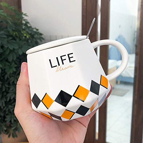 whcct Única Taza de cerámica Poligonal con Cuchara, café, té, Tazas de Leche, Tazas Blancas y Negras con Mango, Tazas para Vasos, 450 ml