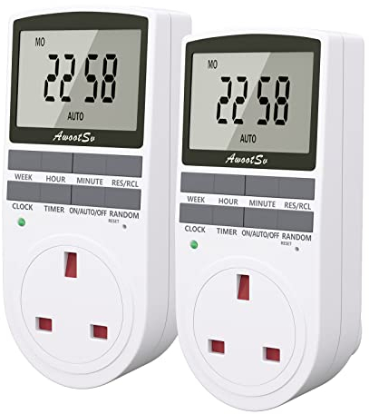 Awootsv Digital Security Timer Plug Socket Programmable Switch Timer with LCD Display 10 On-Off Repeat Cycle 24 Hours/Weekly Indoor Programs Plug for Lights and Home Appliances (2 Pack)