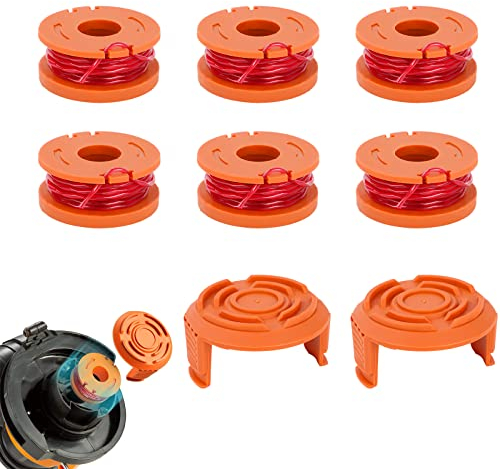 CYWVYNYT 6 Pack WA0004.1 Rasentrimmer Faden für alle 20V WORX Rasentrimmer(6 x 3m Länge, Fadendurchmesser ⌀1,65 mm Fadenspule)+ 2 x Kappes (6 Pack)