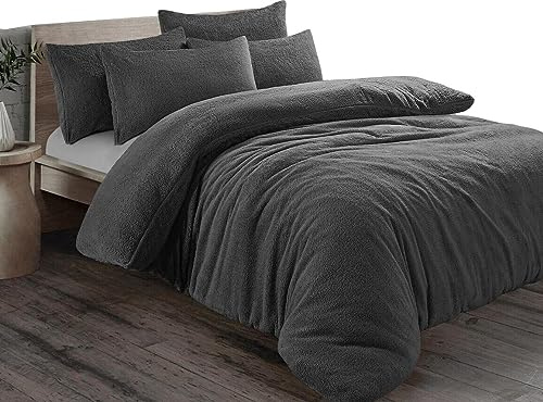 Pinkfairy® Plain Teddy Fleece Duvet Cover Quilt Bedding Set With Pillow Cases, Warm Cozy Super Soft Fluffy Luxury Design Bedset Reversible Easy Care (King, Charcoal)