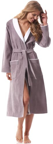 Morgenstern Bademantel Damen Schalkragen Baumwolle Frottee Velours Lang Größe L Beigegrau
