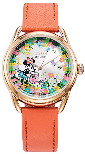 Citizen Eco-Drive Disney Women's Watch, Stainless Steel with Leather Strap, Minnie Mouse, Coral Orange, Rose Gold-Tone and Silver-White