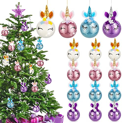 Charniol 12 Stück Weihnachts-Einhorn-Ornamente – Baum-Hängedekorationen, bunte Kugeln für Geburtstag, Weihnachten, Urlaub, Partyzubehör