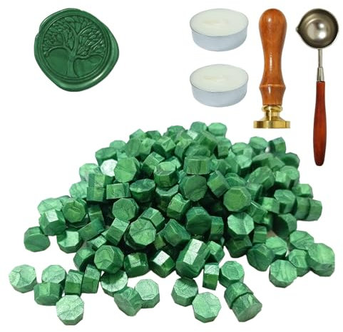 Wachssiegel Stempel Set, 200 Stück siegelwachs mit 1 Lebensbaum Siegelstempel, 1 Schmelzlöffel, 2 Teelichte, für Vintage Siegellack und Brief, Einladungen, Paket Geschenk (A)