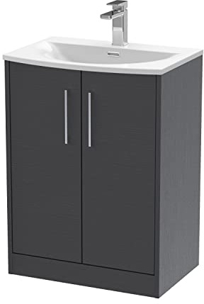 Hudson Reed JNU2203G Juno Modern Bathroom Floor Standing 2-Door Vanity with Curved Ceramic Basin, 600mm, Woodgrain Graphite Grey