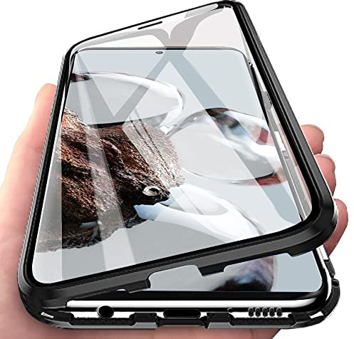 Orgsty Hülle für Xiaomi 12T / 12T Pro(6,67), Magnetische Hartglas Hülle mit Vorderseite und Rückseite, Metallrahmen Case mit Eingebaut Magnet, Ultra Dünn 360 Grad Handyhülle, Schwarz