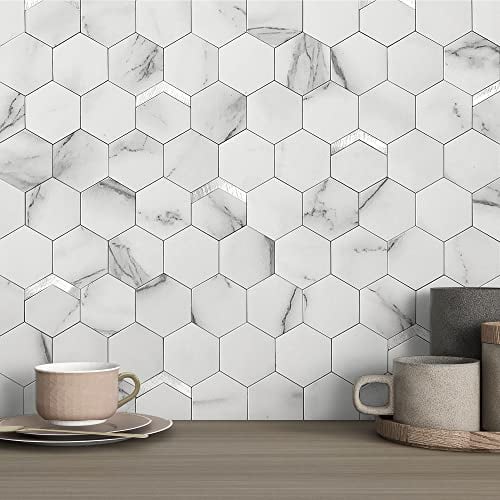 VAOVI Mosaikfliesen Sechseck Aufkleber Fliese Matt,Wandfliesen Küche Selbstklebend Fliesenaufkleber 3d Steinoptik Badezimmer Wasserdichte(10 Stücke,Weißer Silber)