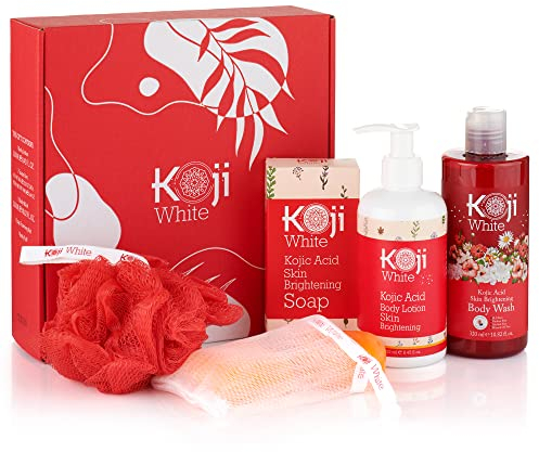 Gift Set for Women, Koji White Red Bath Sets - Kojic Acid Body Wash, Soap Bar and Body Lotion, Brightening, Uneven Skin Tone, Vegan, SLS & Paraben Free (3 Pcs)