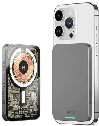 HINOVO Mag-safe Power Bank, 0.35 Ultra Slim Magnetic Power Bank 5000mAh, Cyberpunk Style Transparent Battery Pack for iPhone 15/14/13/12 Series