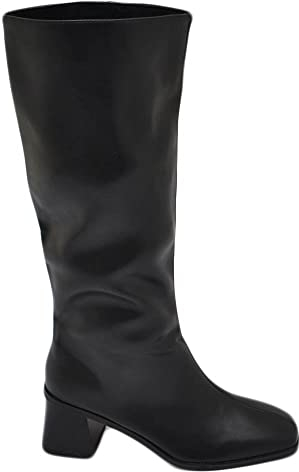 Stivale alto donna in pelle nero punta quadrata tacco largo comodo 4 cm zip laterale aderente effetto calzino (38 EU)