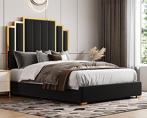 HOWE Queen-Size-Bettgestell und 155 cm Kopfteil, gepolstertes Bett mit goldener Beschichtung, modernes Plattformbett, kein Boxspringbett erforderlich, Schwarz