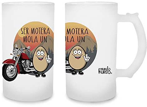 Jarra de cerveza Ser motera mola un huevo. Cristal esmerilado de primera calidad AAA. 80 x 150 mm. 500 ml