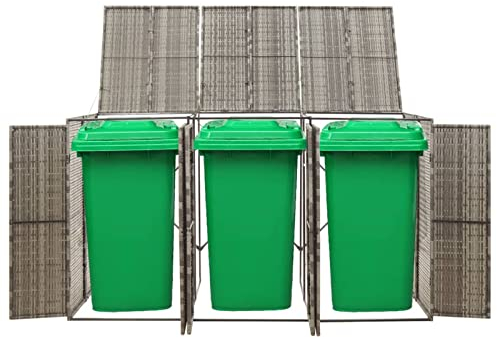 Yolola Triple Wheelie Bin Shed, Durable Rattan Wheelie Bin Storage, Lockable Garden Trash Can Shed With Cover, Garbage Trash Storage Shed, Outdoor Wheelie Bin Hideaways, Grey 207x80x117 cm