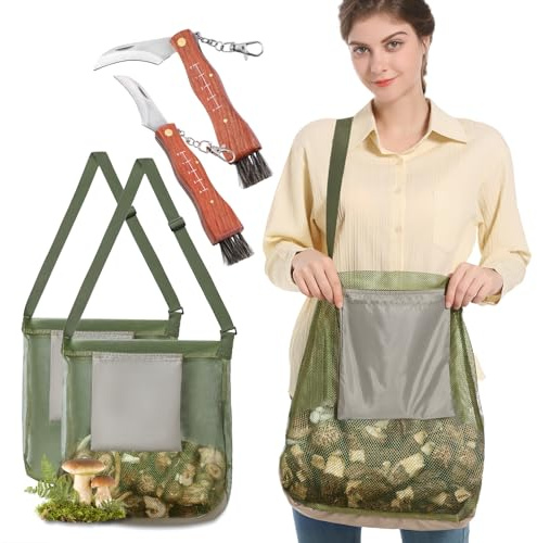 Mushroom Foraging Bag - MYWSN Foraging Kit With Mesh Bag & Knife, Adjustable Shoulder Strap, Mushroom Basket With Smartphone Pocket - Mushroom Hunting Bag, Ideal Gift For Mushroom Foragers (2 Pack)