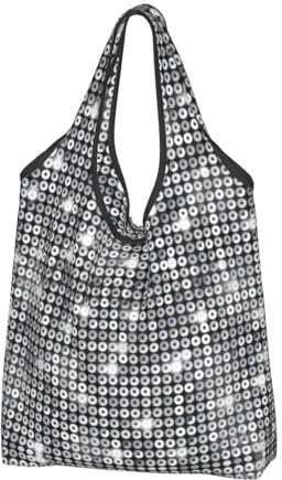 Jmorco Silber Pailletten Funkeln Muster Große Wiederverwendbare Faltbare Damen Einkaufstasche Eco Tote Handtasche Falten Weg Shopper Tasche, Silbernes Pailletten-Funkel-Muster, Einheitsgröße